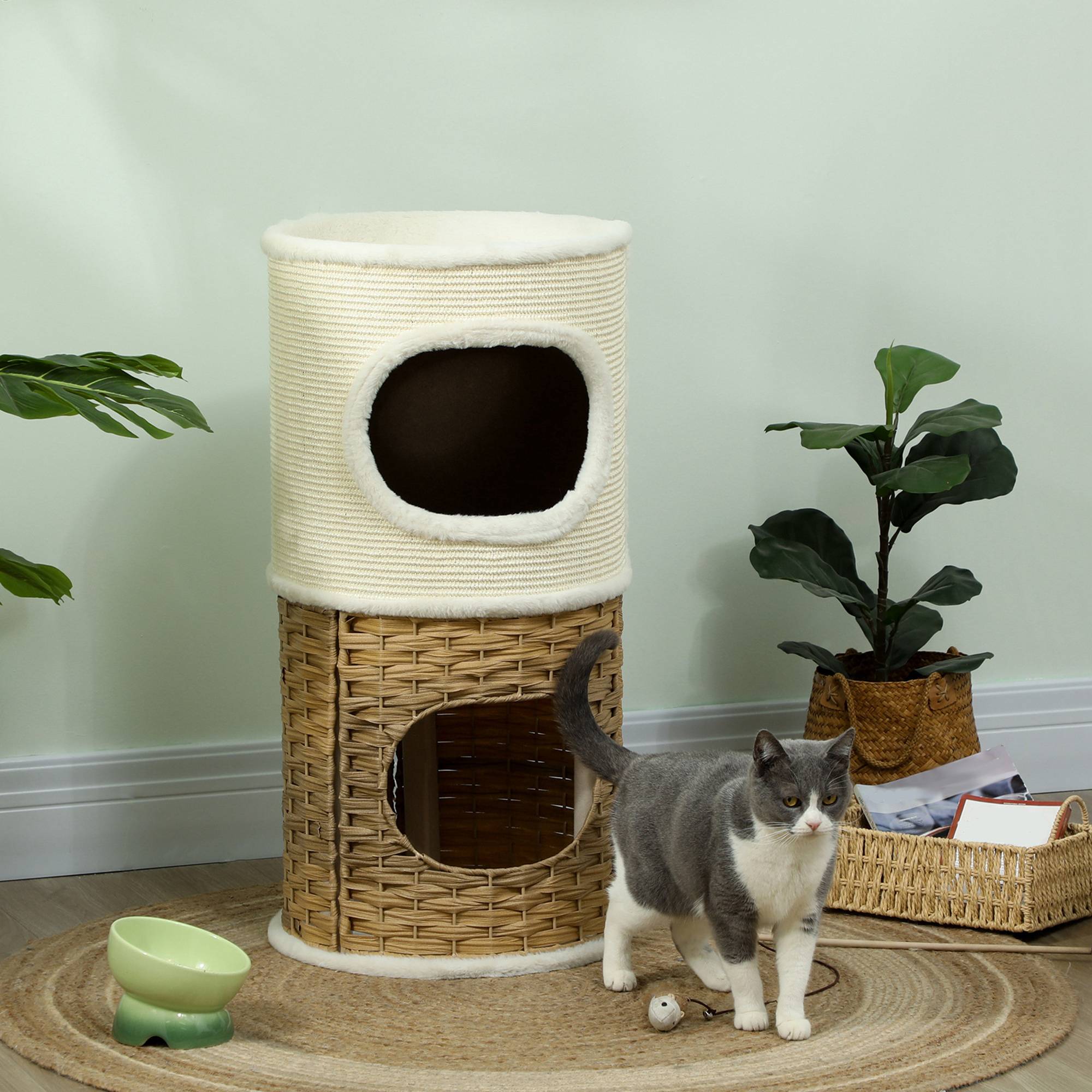 Tour chat 3 niveaux bois griffoir sisal naturel polaire ultra douce 40x80cm crème - ComfortXL Outdoor Living - Image 9