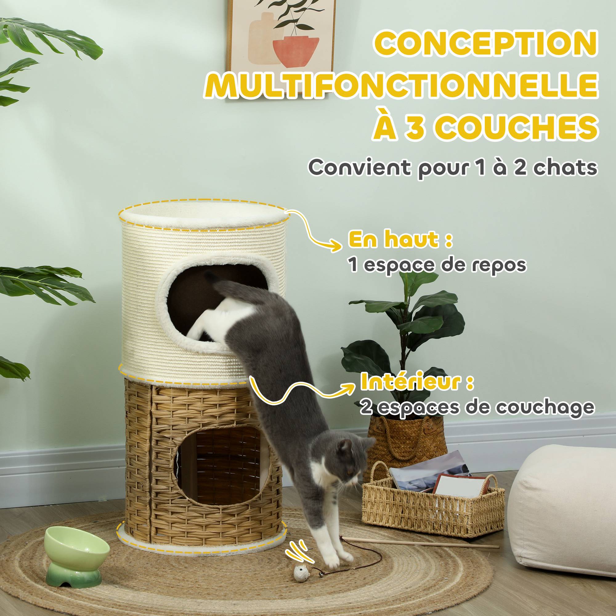 Tour chat 3 niveaux bois griffoir sisal naturel polaire ultra douce 40x80cm crème - ComfortXL Outdoor Living - Image 6