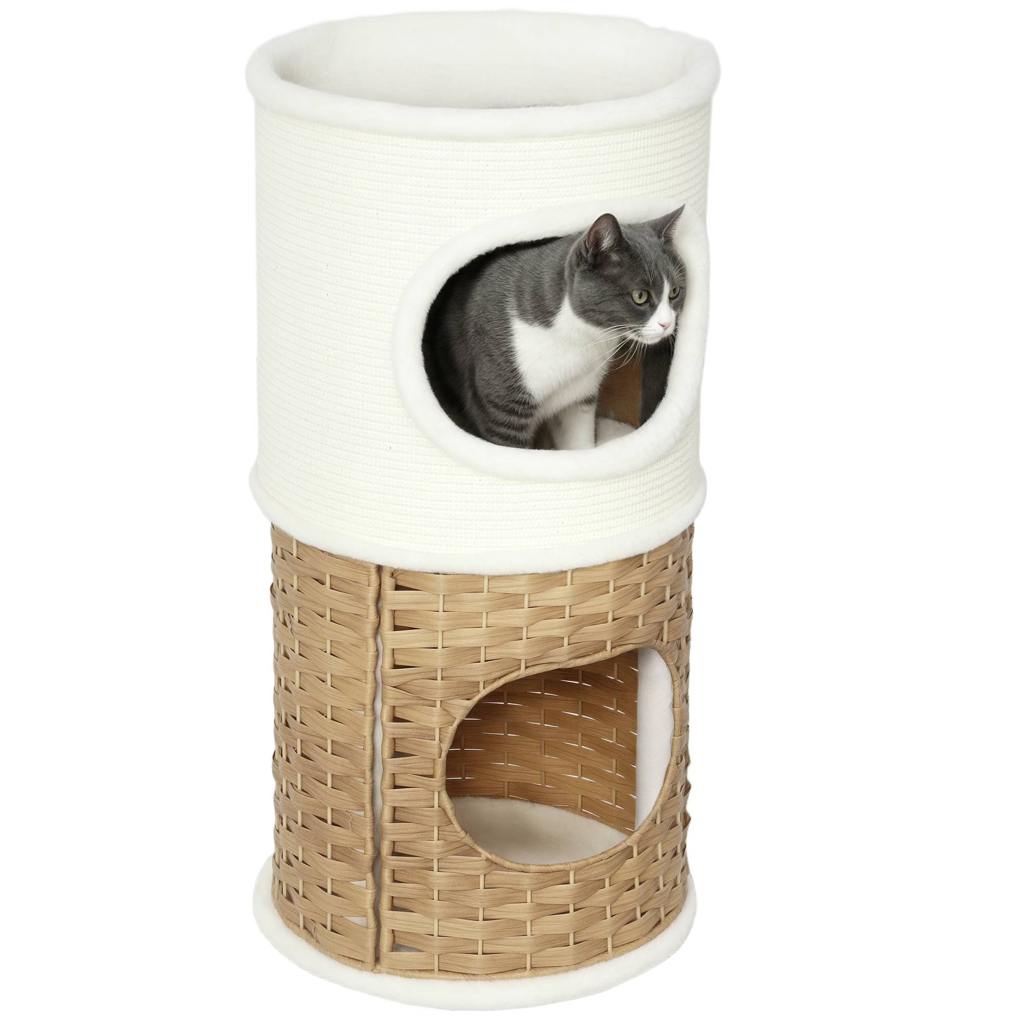 Tour chat 3 niveaux bois griffoir sisal naturel polaire ultra douce 40x80cm crème - ComfortXL Outdoor Living - Image 1