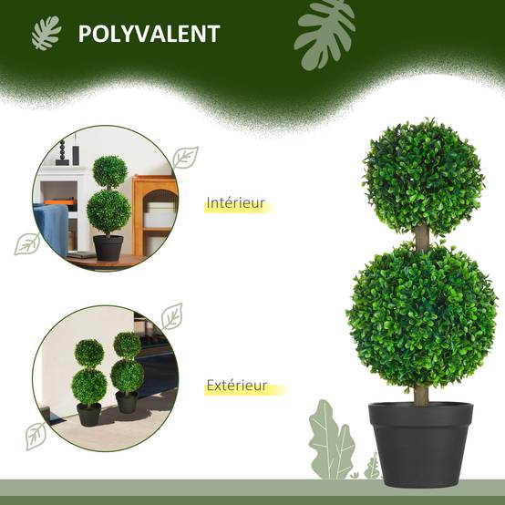 Lot de 2 arbres buis artificiel double boules avec tronc et pot inclus - hauteur 60 cm vert - Image 7