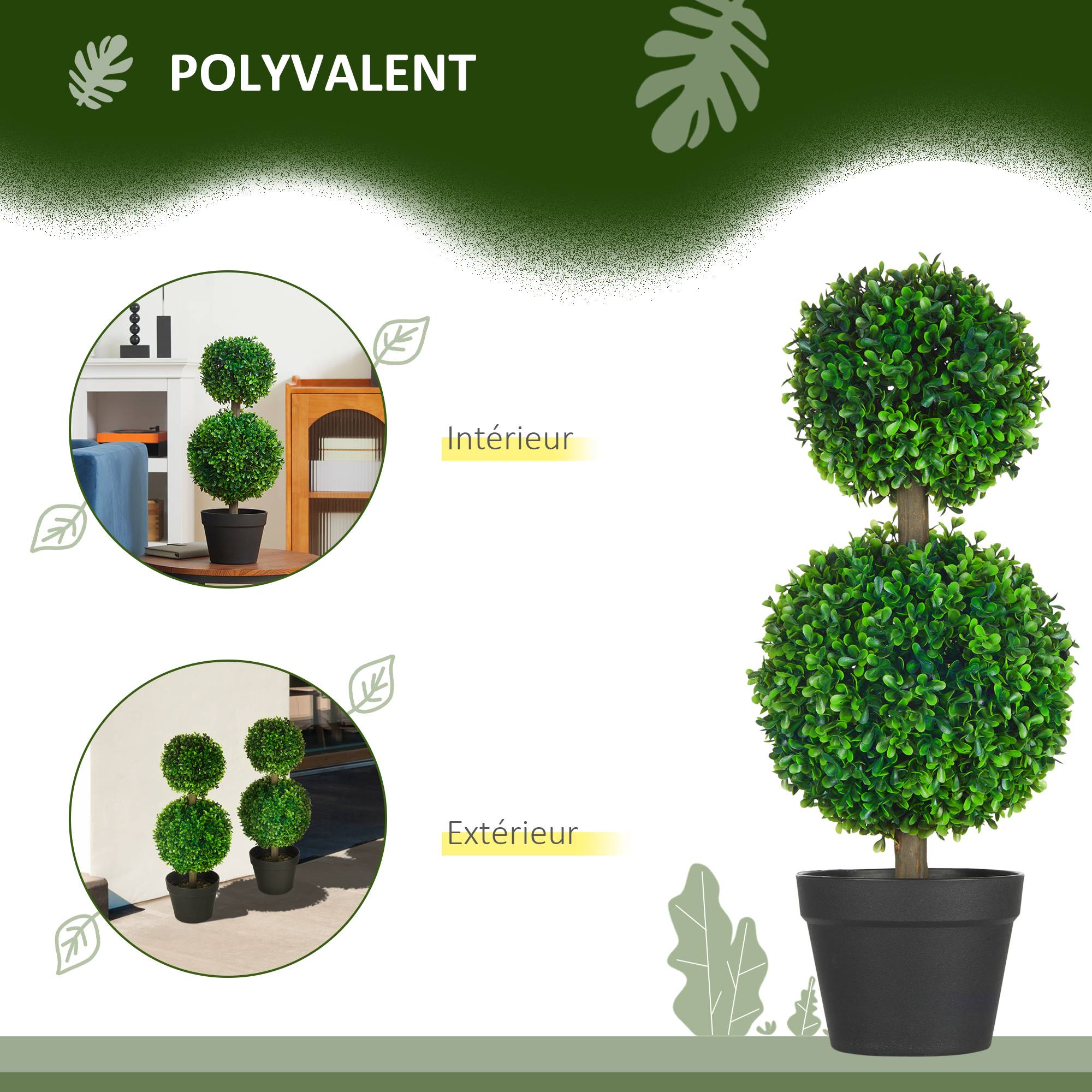 Lot de 2 arbres buis artificiel double boules avec tronc et pot inclus - hauteur 60 cm vert - Image 7