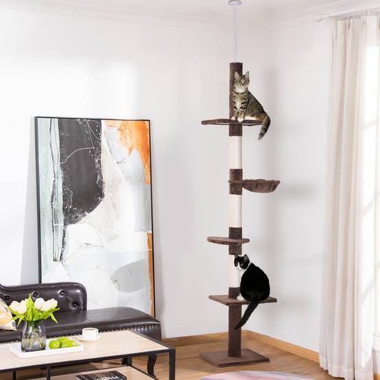 Arbre à chat PawHut jusqu'au plafond, 230-260 cm, poteaux sisal et plateformes, marron - Image 3