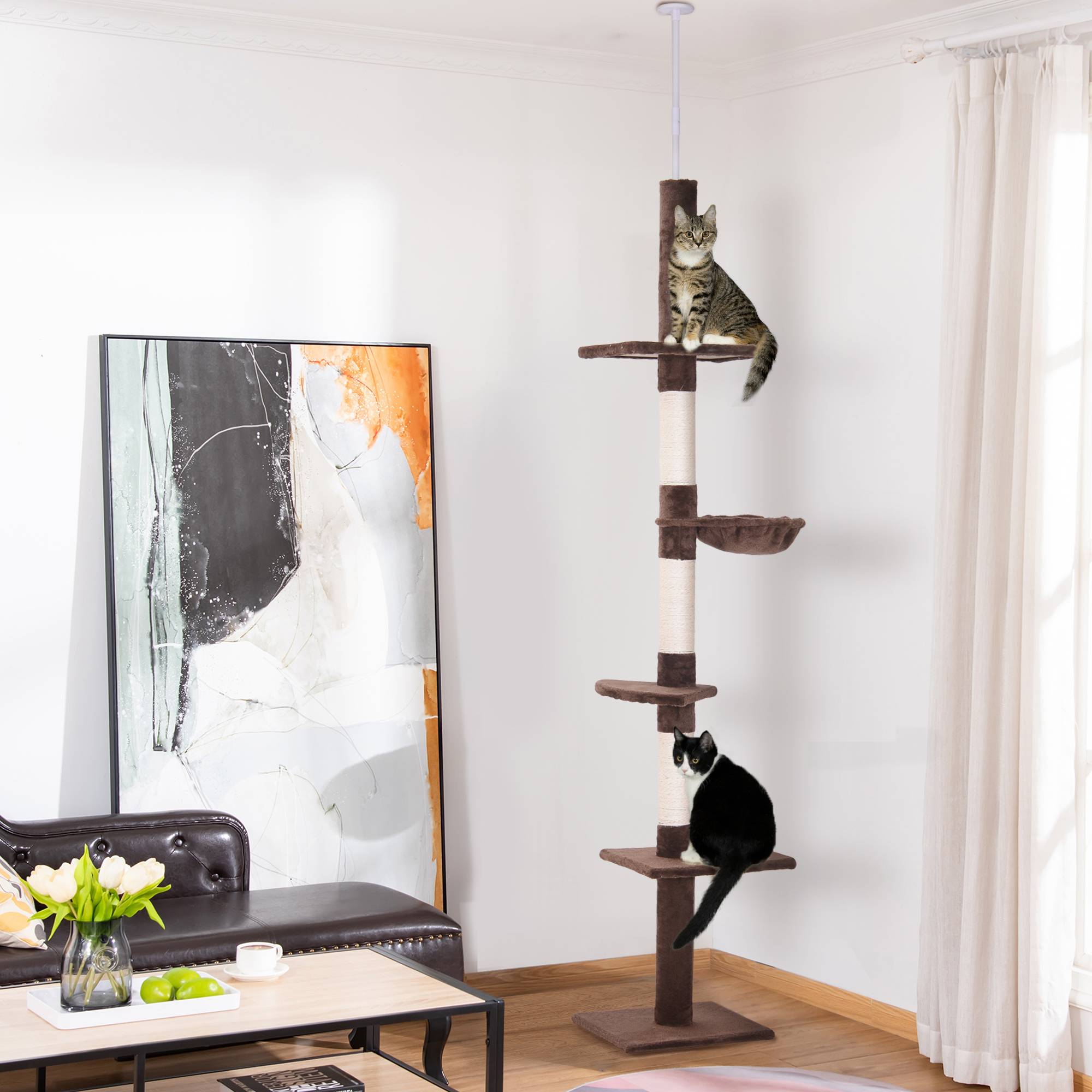 Arbre à chat PawHut jusqu'au plafond, 230-260 cm, poteaux sisal et plateformes, marron - Image 3