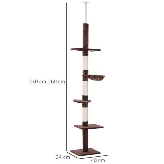 Arbre à chat PawHut jusqu'au plafond, 230-260 cm, poteaux sisal et plateformes, marron - Image 5