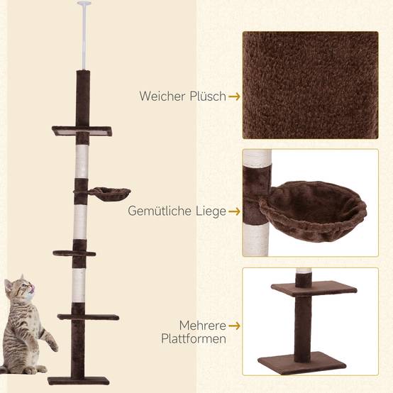 Arbre à chat PawHut jusqu'au plafond, 230-260 cm, poteaux sisal et plateformes, marron - Image 8