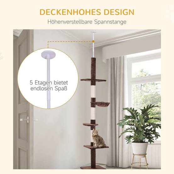 Arbre à chat PawHut jusqu'au plafond, 230-260 cm, poteaux sisal et plateformes, marron - Image 7