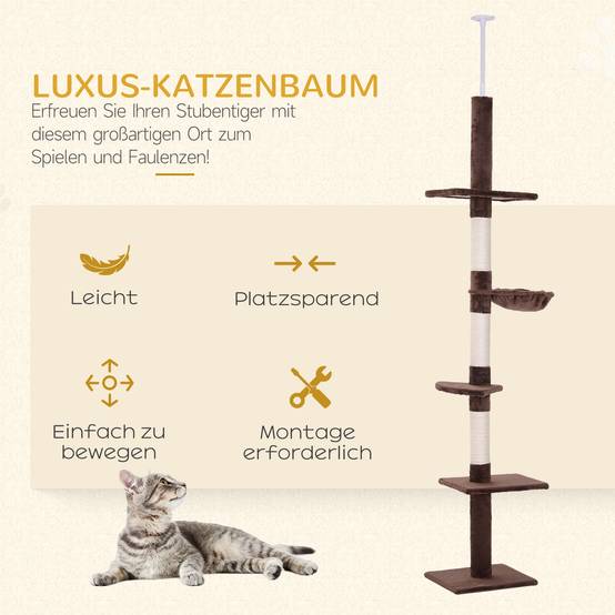 Arbre à chat PawHut jusqu'au plafond, 230-260 cm, poteaux sisal et plateformes, marron - Image 6