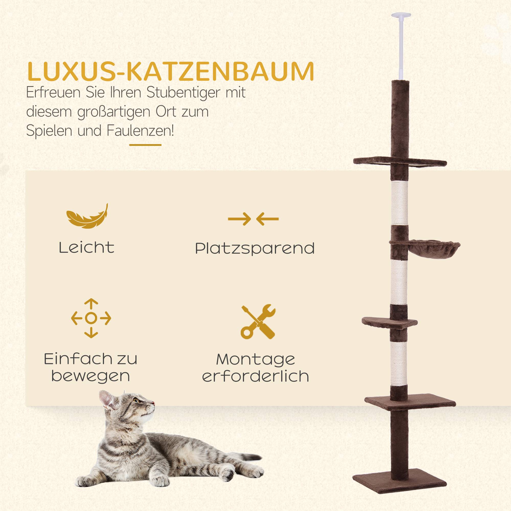 Arbre à chat PawHut jusqu'au plafond, 230-260 cm, poteaux sisal et plateformes, marron - Image 6