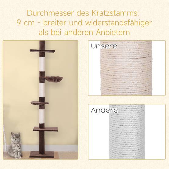 Arbre à chat PawHut jusqu'au plafond, 230-260 cm, poteaux sisal et plateformes, marron - Image 10