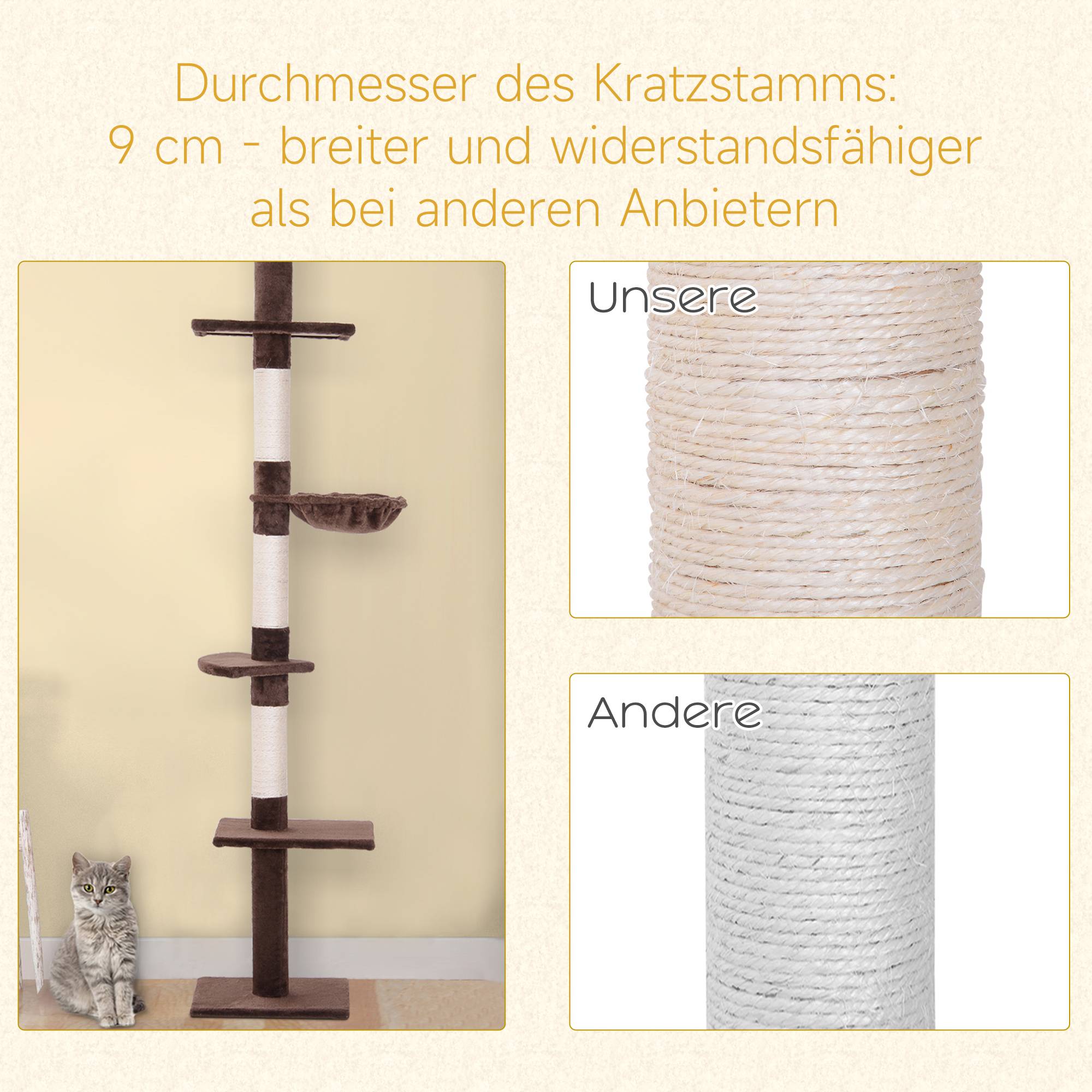 Arbre à chat PawHut jusqu'au plafond, 230-260 cm, poteaux sisal et plateformes, marron - Image 10