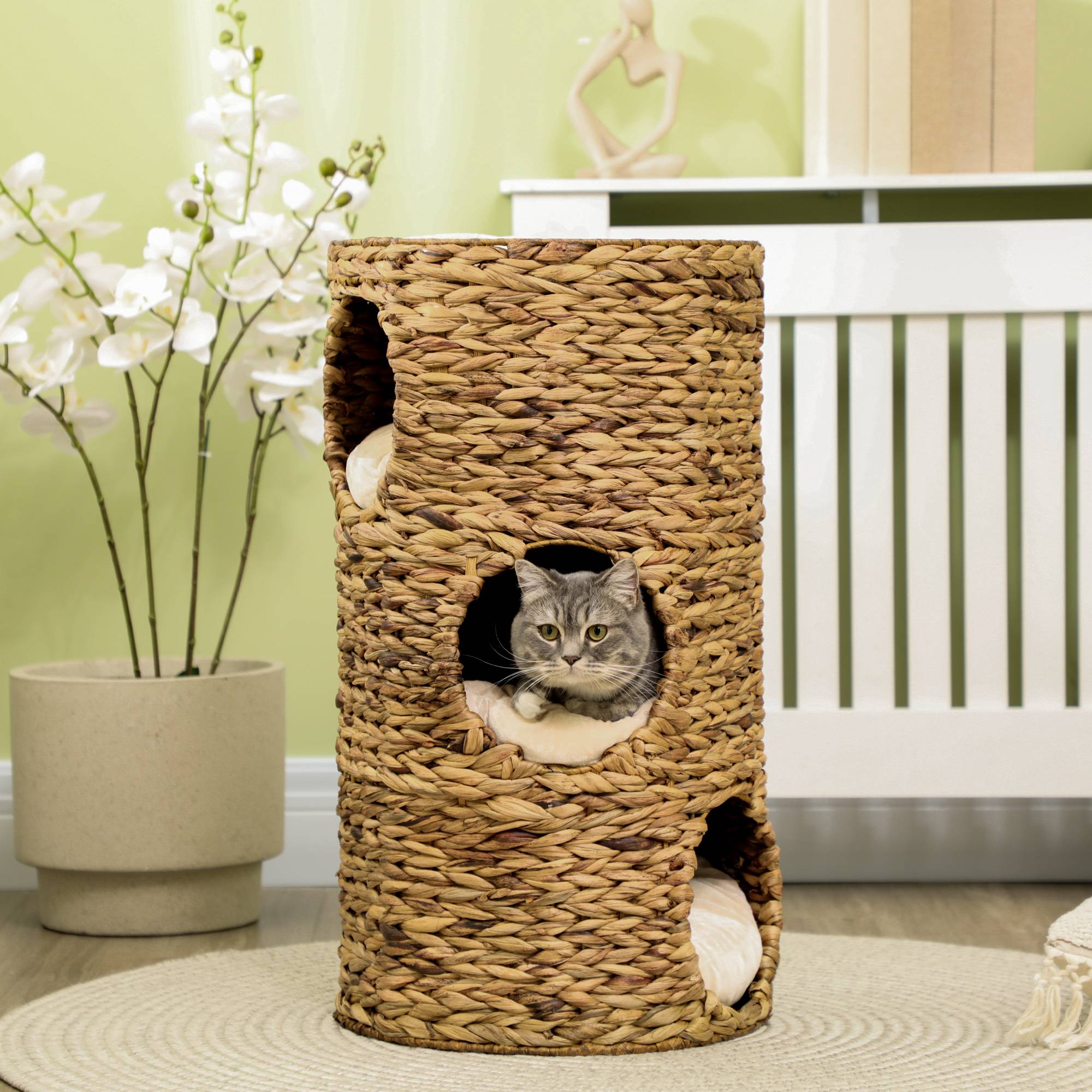 ComfortXL - Tour à griffer pour chat en jacinthe d'eau et acier marron clair Ø 40 x 73 cm avec 3 niches et coussins - Image 1