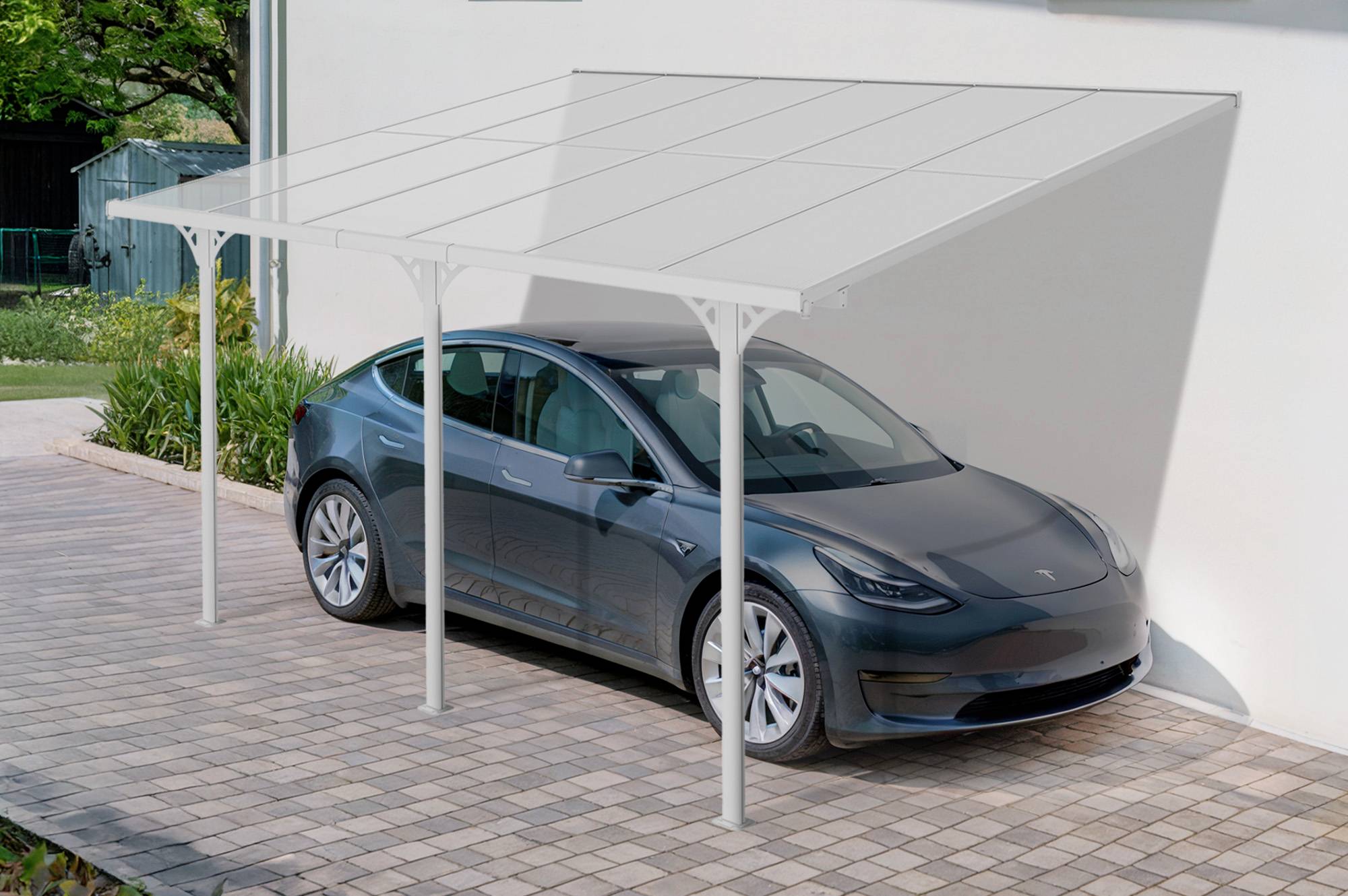Cazeboo Pergola/Carport adossée 12m² KLEO 4x3 m blanc - toit terrasse en aluminium et polycarbonate - Image 1