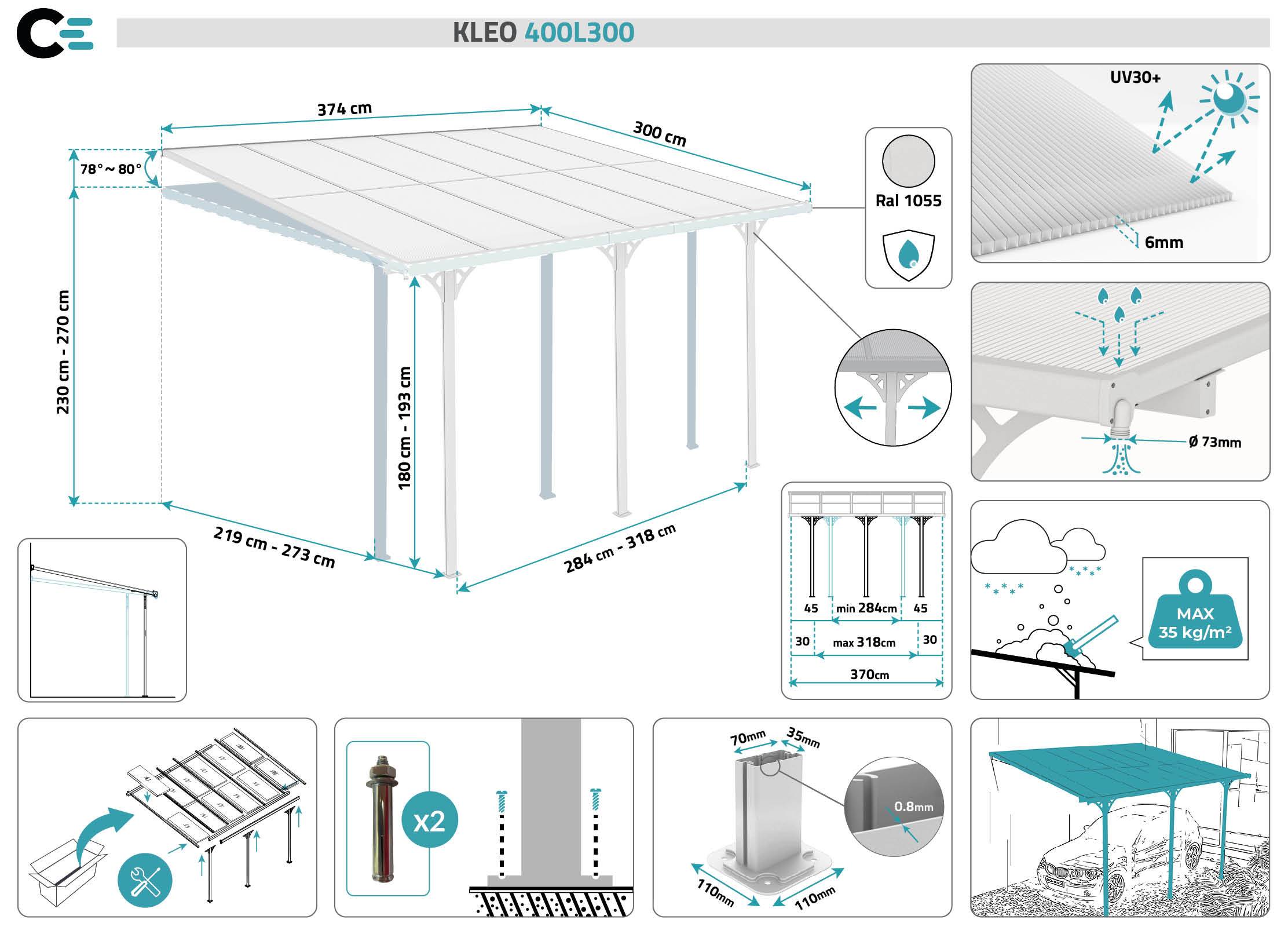 Cazeboo Pergola/Carport adossée 12m² KLEO 4x3 m blanc - toit terrasse en aluminium et polycarbonate - Image 2