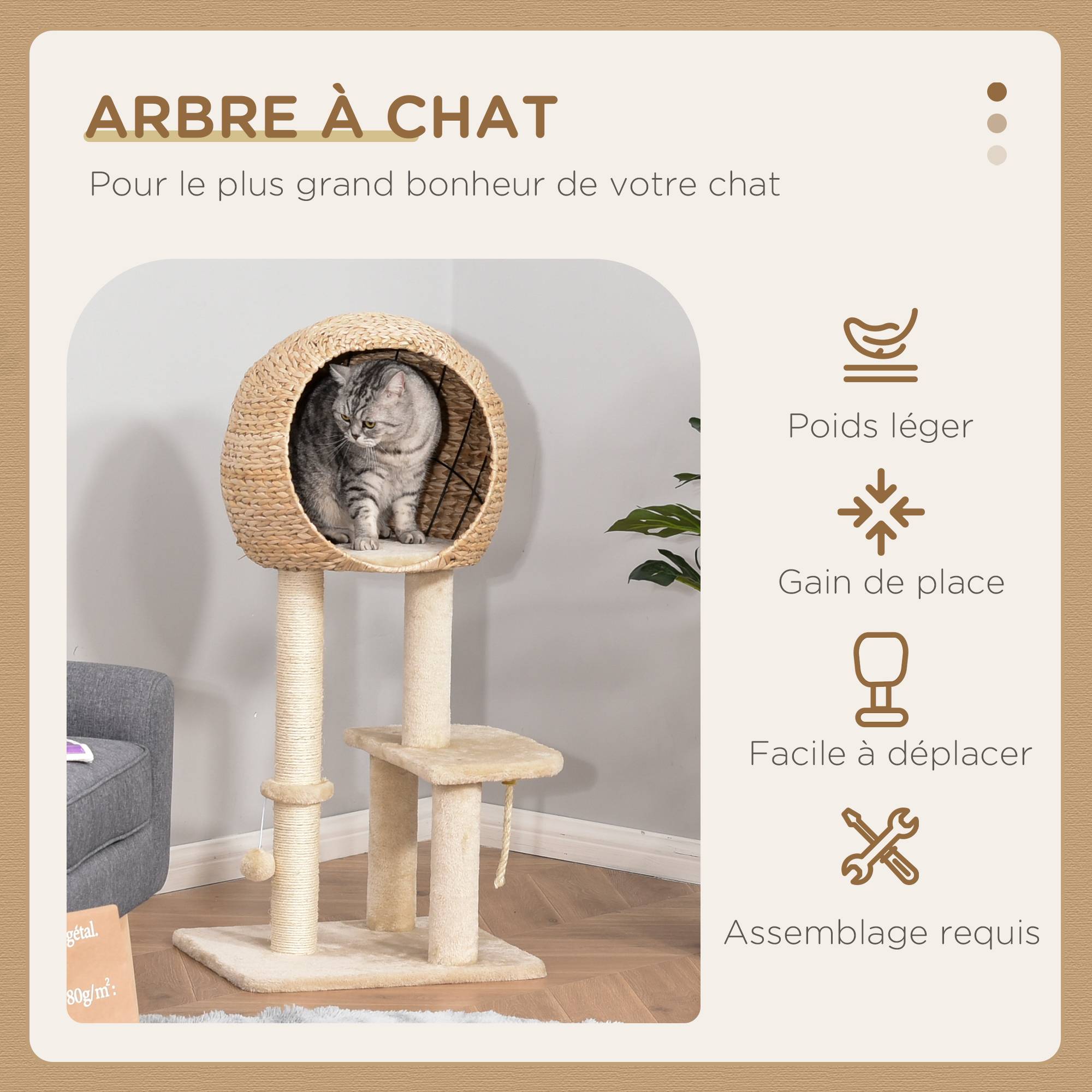 Pawhut - Arbre à chats style cosy chic griffoir sisal naturel grande niche plateformes jeu boule corde escalade peluche courte massette beige - Imagen 4