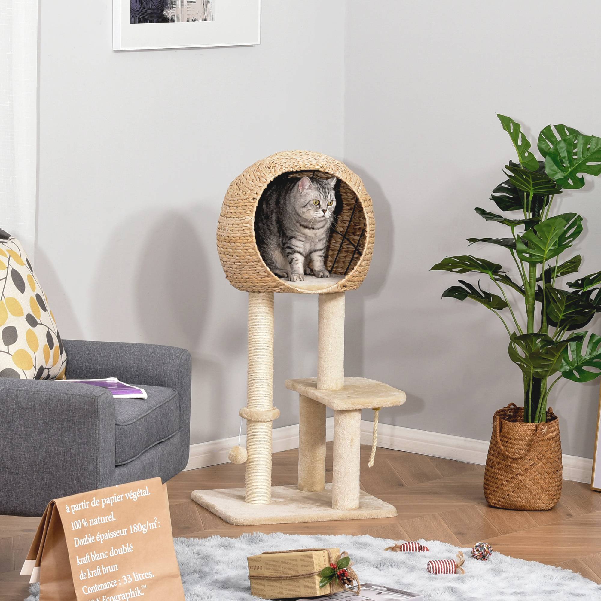 Pawhut - Arbre à chats style cosy chic griffoir sisal naturel grande niche plateformes jeu boule corde escalade peluche courte massette beige - Imagen 2