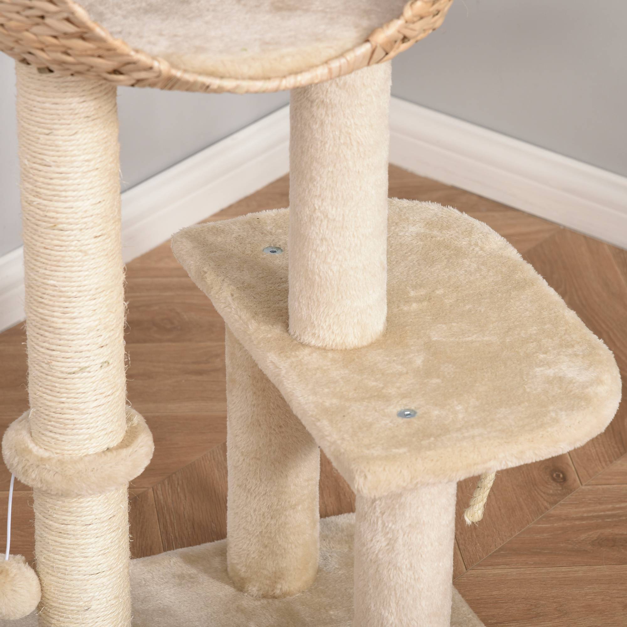 Pawhut - Arbre à chats style cosy chic griffoir sisal naturel grande niche plateformes jeu boule corde escalade peluche courte massette beige - Imagen 8