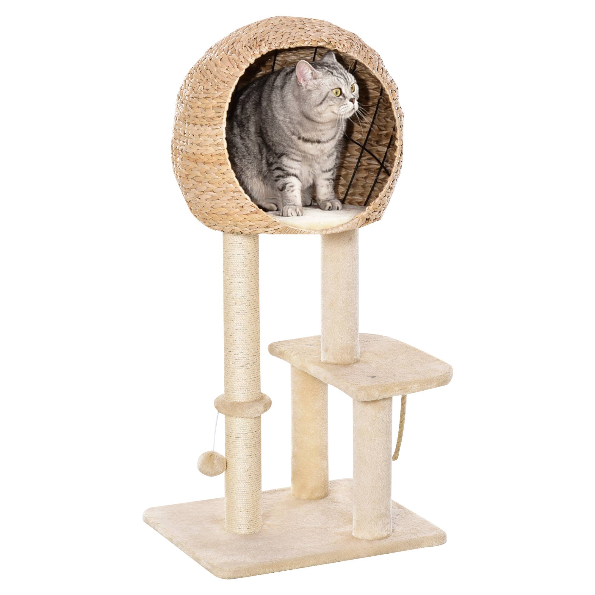 Pawhut - Arbre à chats style cosy chic griffoir sisal naturel grande niche plateformes jeu boule corde escalade peluche courte massette beige - Imagen 1