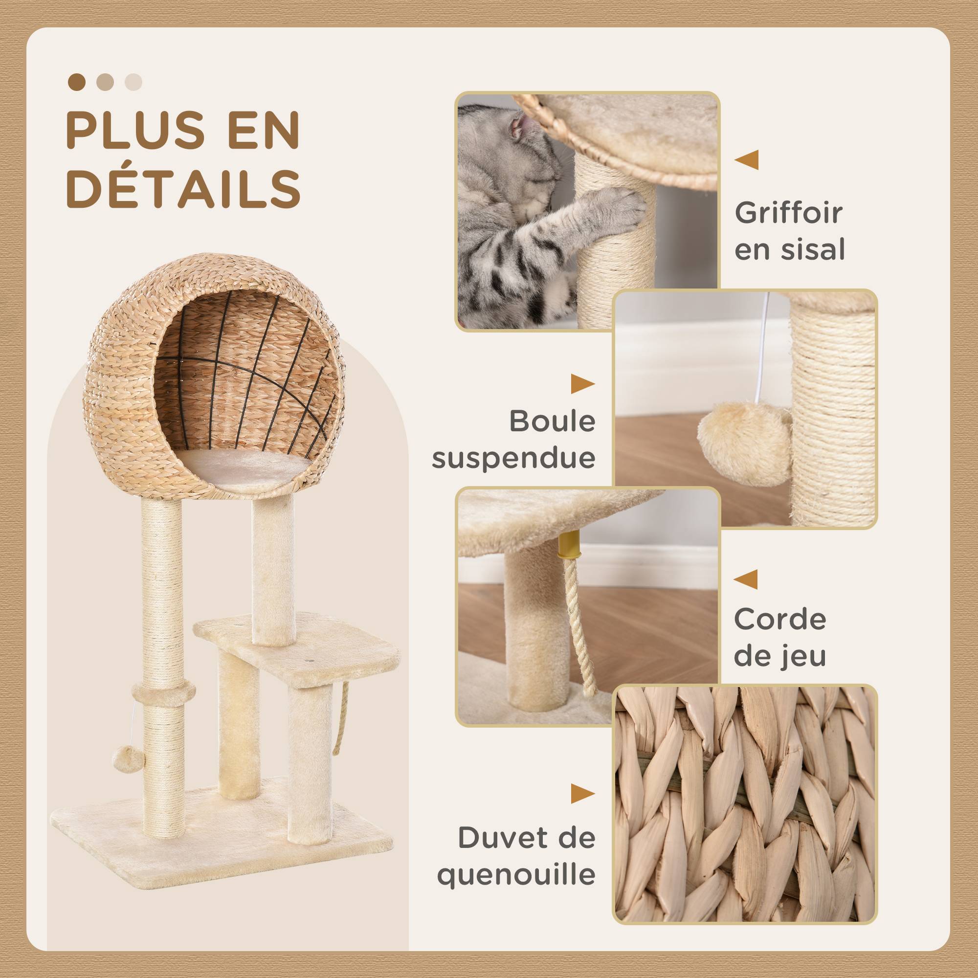 Pawhut - Arbre à chats style cosy chic griffoir sisal naturel grande niche plateformes jeu boule corde escalade peluche courte massette beige - Imagen 5