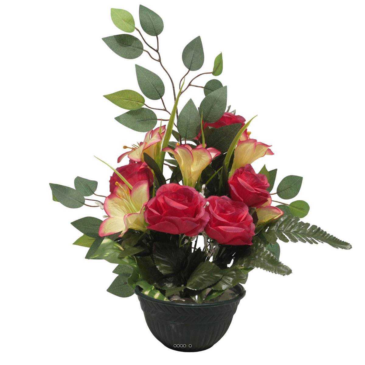 Artificielles - Vasque de Rose, Lys, Gypsophile et Ficus pour la toussaint Rose fushia - couleur: Rose fushia 730 - Imagen 1