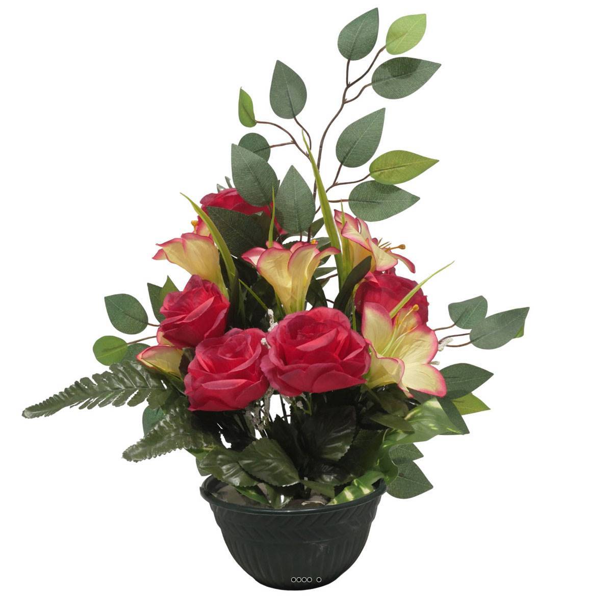 Artificielles - Vasque de Rose, Lys, Gypsophile et Ficus pour la toussaint Rose fushia - couleur: Rose fushia 730 - Imagen 2