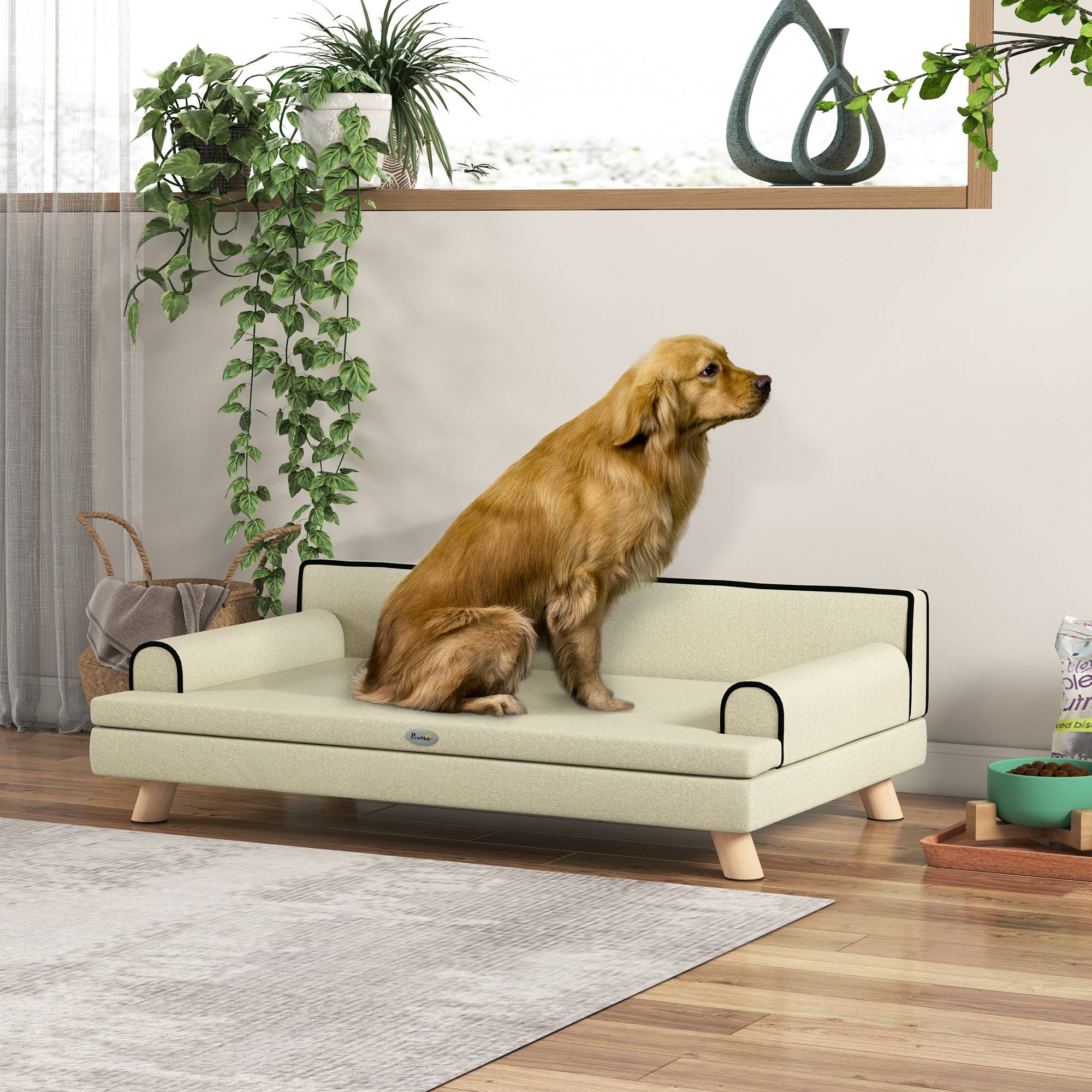 Sans Marque - Canapé chien chat design scandinave coussin moelleux amovible pieds bois massif 100x62x32 cm beige - Image 4