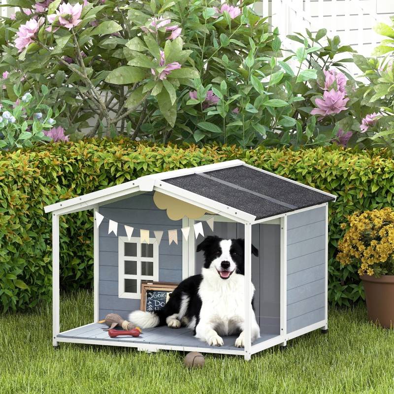 Niche pour chien avec terrasse bois extérieur toit ouvrant imperméable gris 103x107x83,5cm - ComfortXL Outdoor Living - Image 1