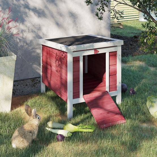 Abri lapin rongeur bois extérieur toit asphalte ouvrant rampe rouge 51x42x43cm - ComfortXL Outdoor Living - Image 3
