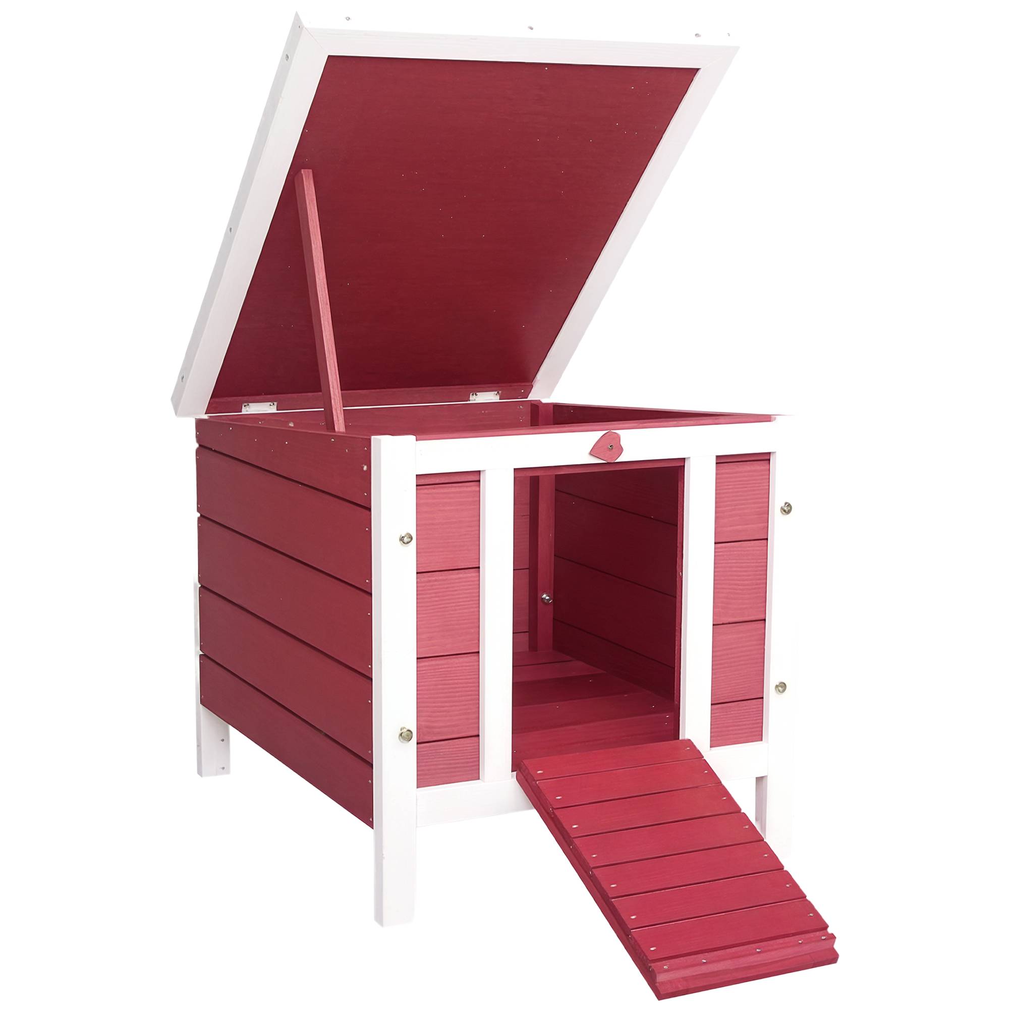 Abri lapin rongeur bois extérieur toit asphalte ouvrant rampe rouge 51x42x43cm - ComfortXL Outdoor Living - Image 1