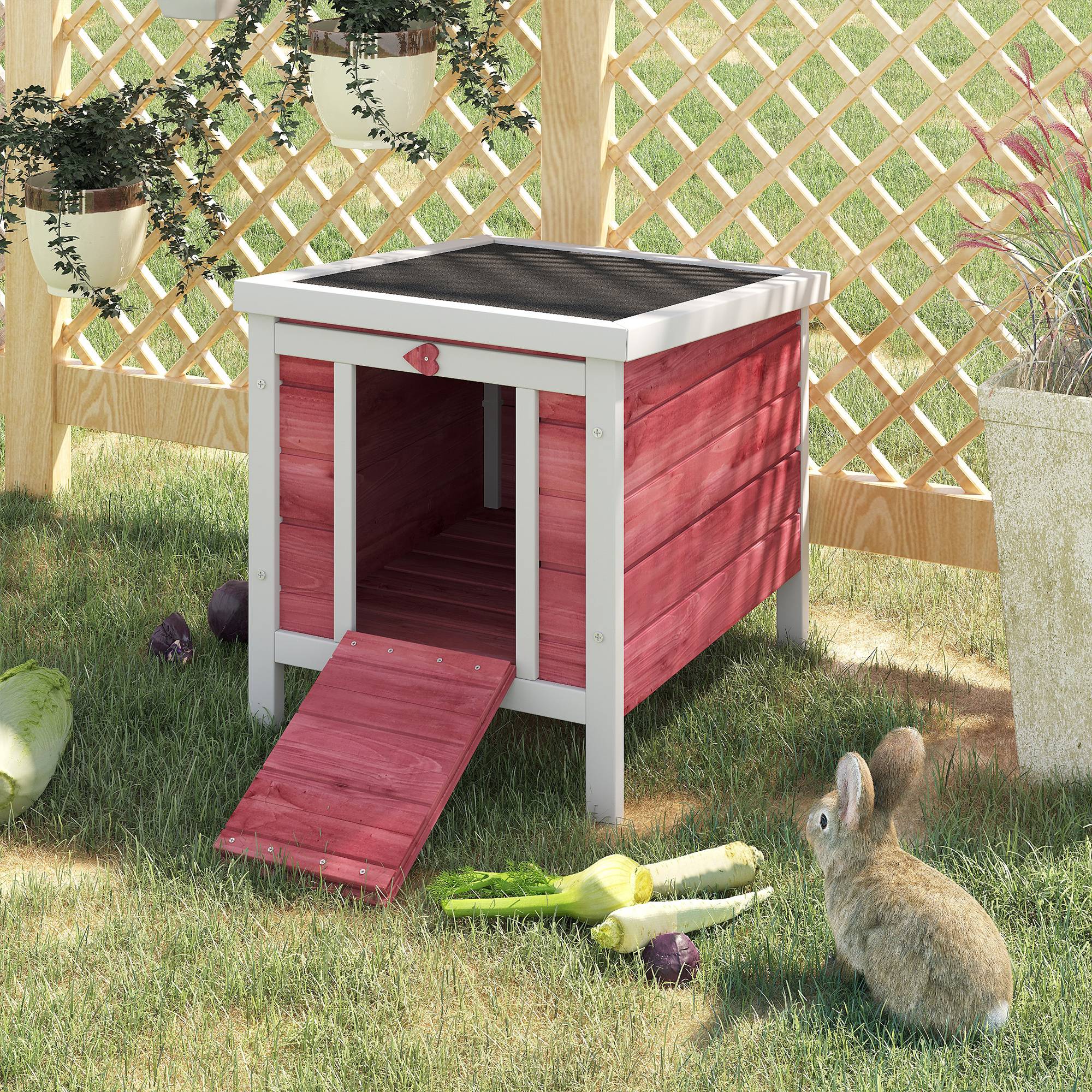 Abri lapin rongeur bois extérieur toit asphalte ouvrant rampe rouge 51x42x43cm - ComfortXL Outdoor Living - Image 4