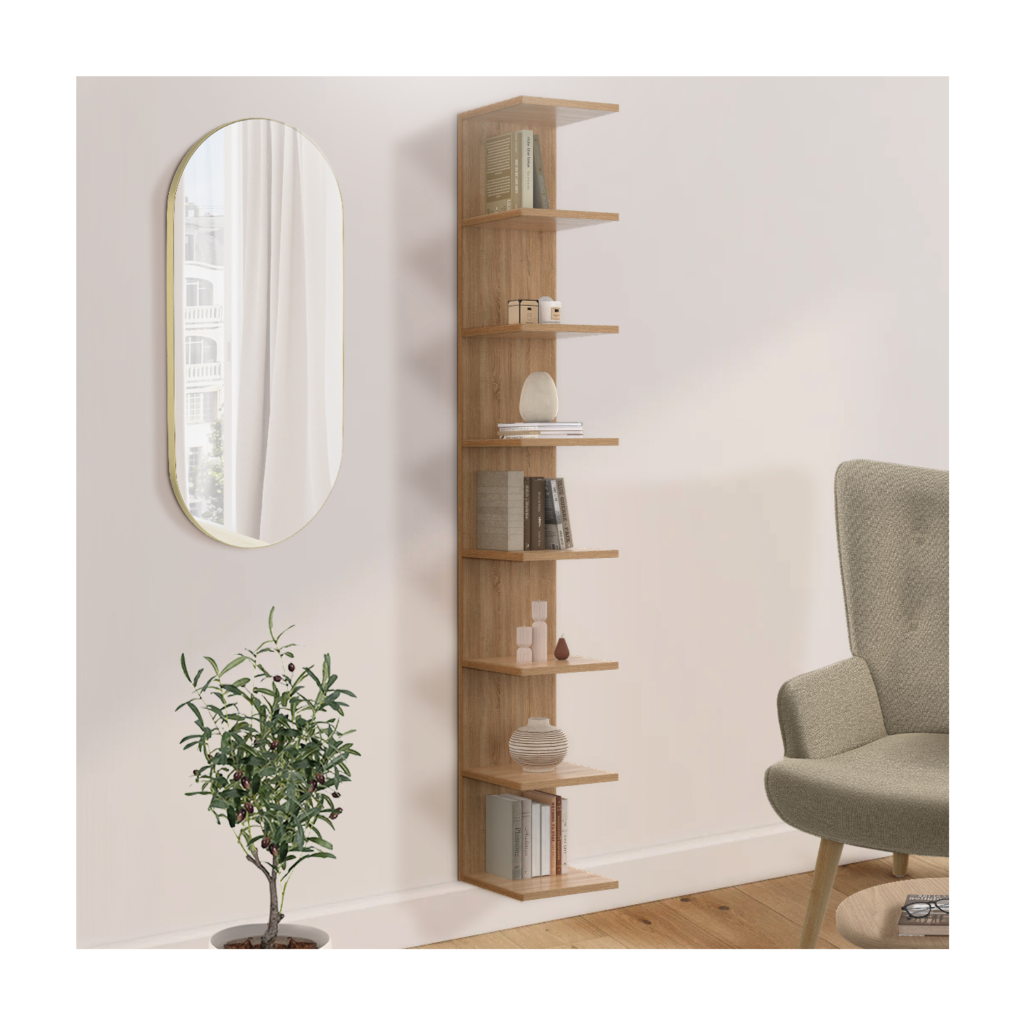 Etagère murale suspendue double position CHIARA 8 étagères façon hêtre 190 cm - Image 1