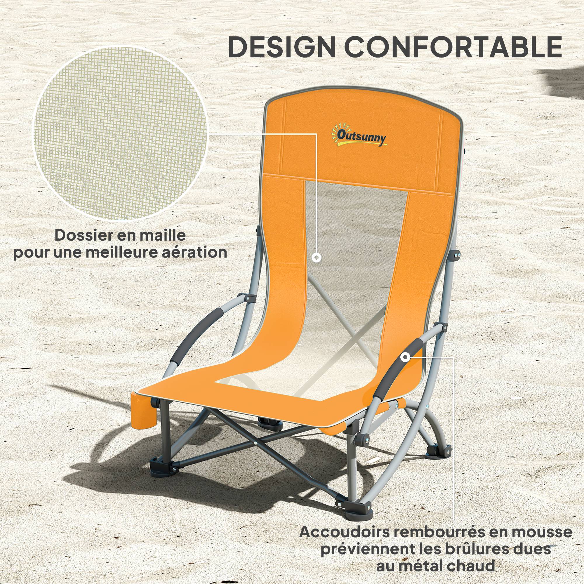 Lot de 2 chaises de plage pliantes métal et tissu orange 70 x 58 x 79 cm - PANGIVO - Image 7