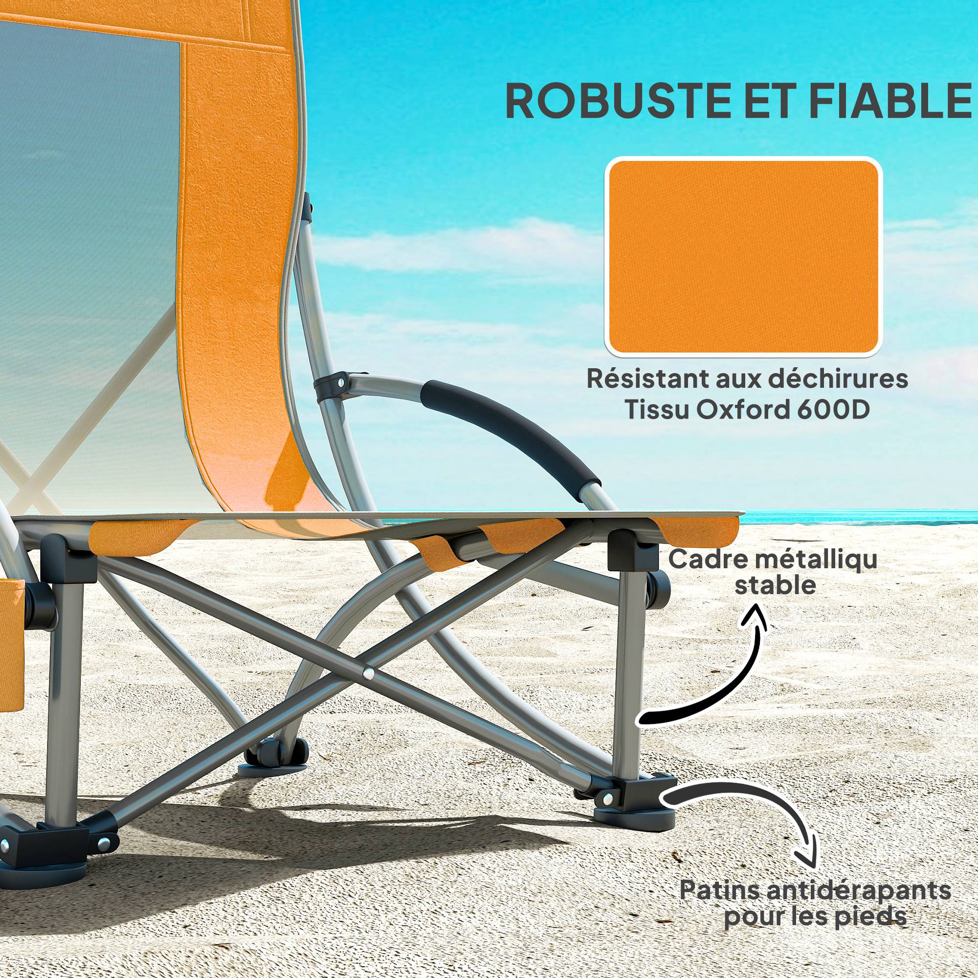 Lot de 2 chaises de plage pliantes métal et tissu orange 70 x 58 x 79 cm - PANGIVO - Image 9