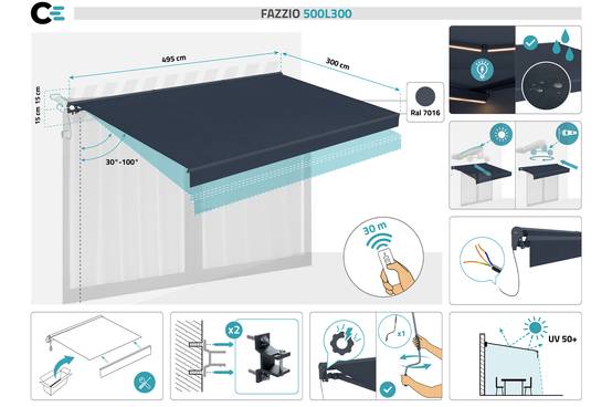 Store banne motorisé à LED semi-coffre gris FAZZIO 5x3 m toile grise - Image 4