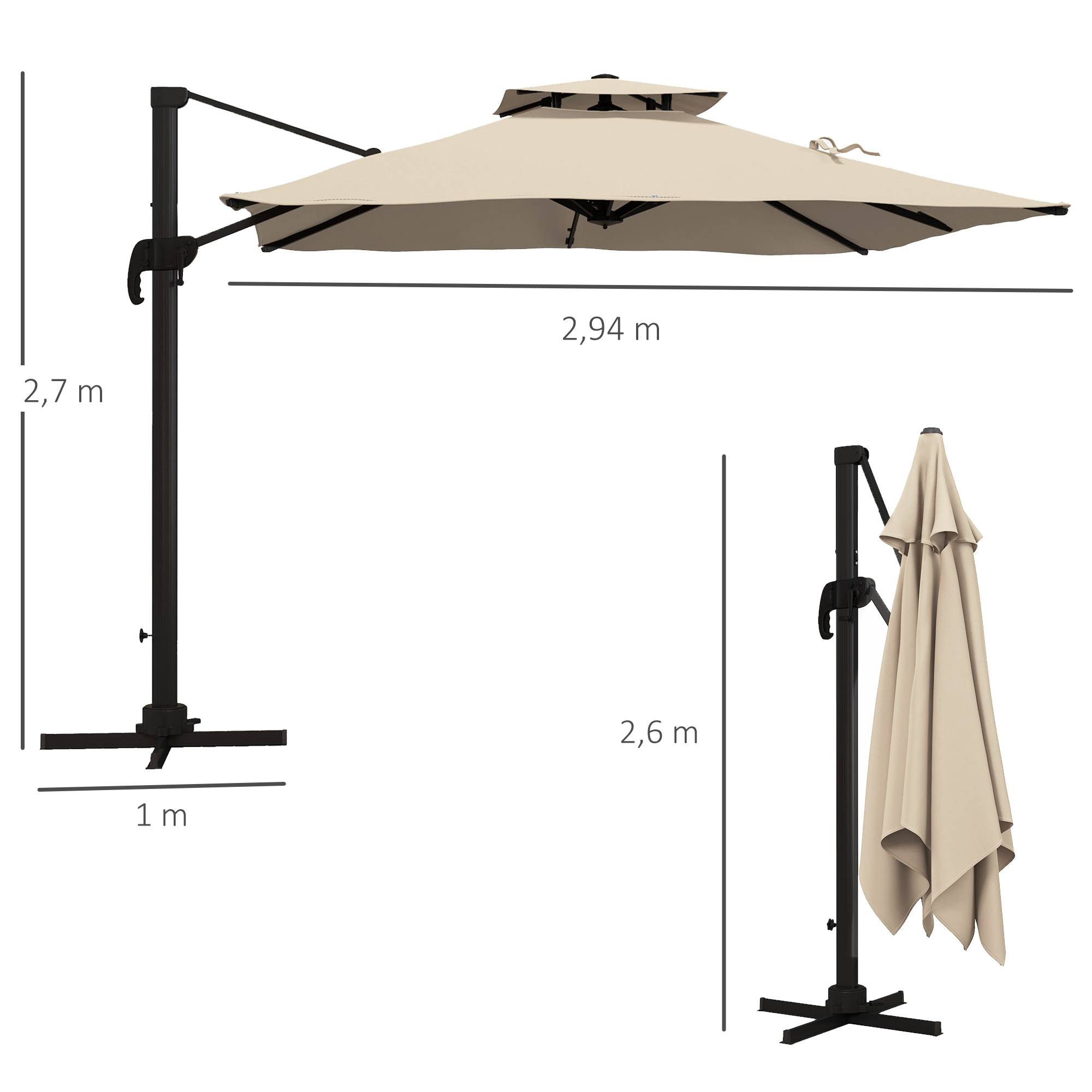 Parasol déporté aluminium pour terrasse double toit rotation 360° 3x3m ...