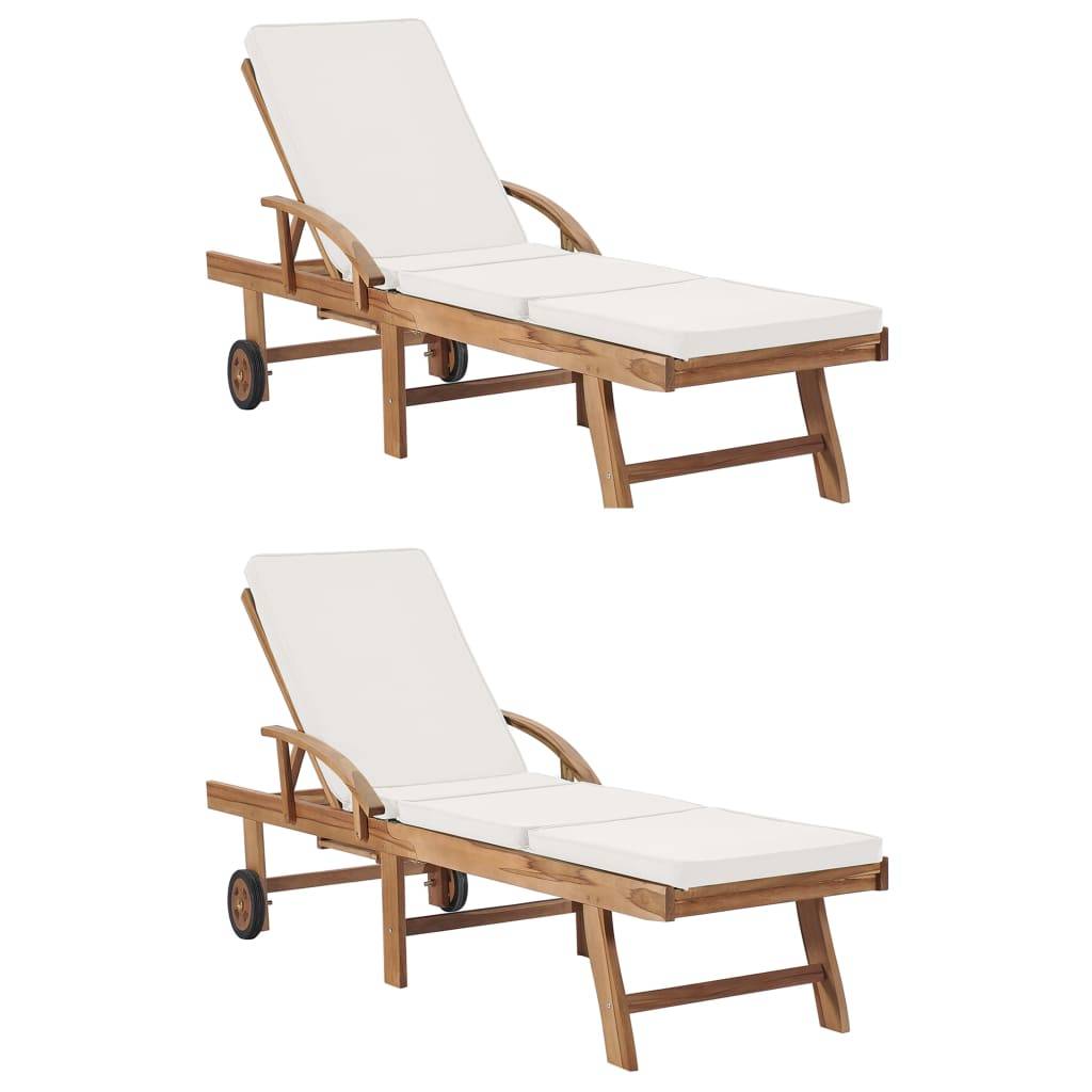 Helloshop26 - Lot de 2 transats chaise longue bain de soleil lit de jardin terrasse meuble d'extérieur avec coussins bois de teck solide crème - Imagen 1