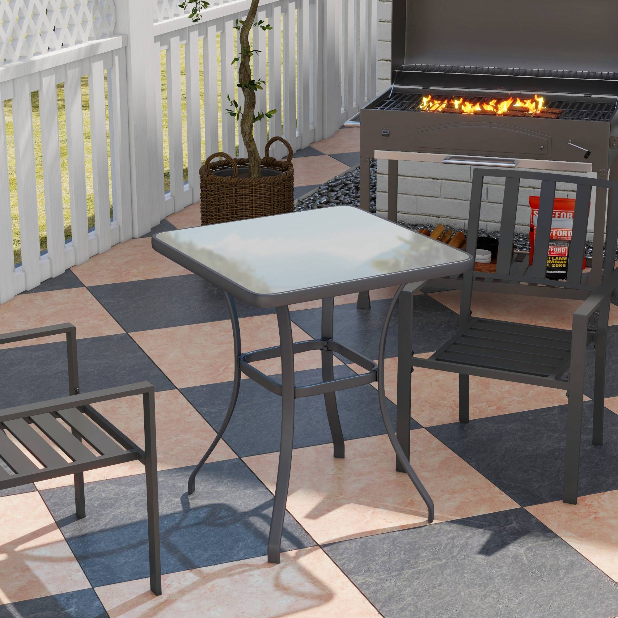 Table carrée Bistro de Jardin dim. 68L x 68l x 84H cm métal époxy Gris Plateau Verre trempé granité - Image 3