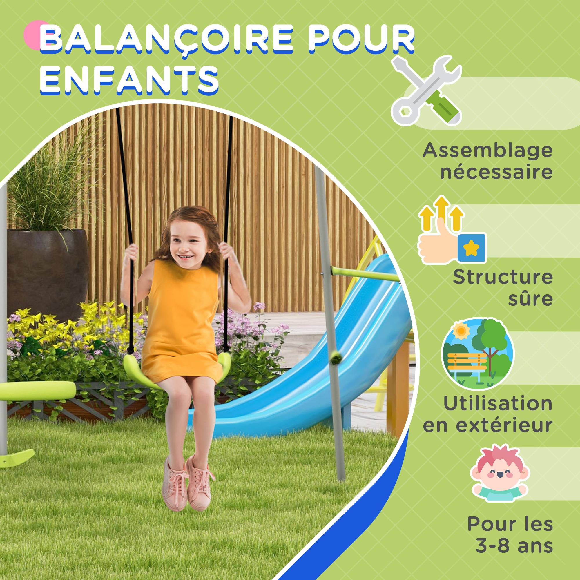 Balançoire 2 agrès portique avec 1 balançoire et face à face 255 x 160 x 180 cm charge max. 135 kg vert gris - Image 9
