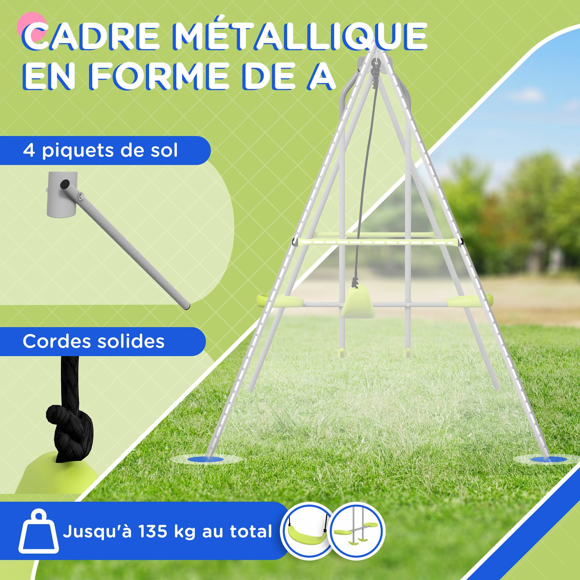 Balançoire 2 agrès portique avec 1 balançoire et face à face 255 x 160 x 180 cm charge max. 135 kg vert gris - Image 7