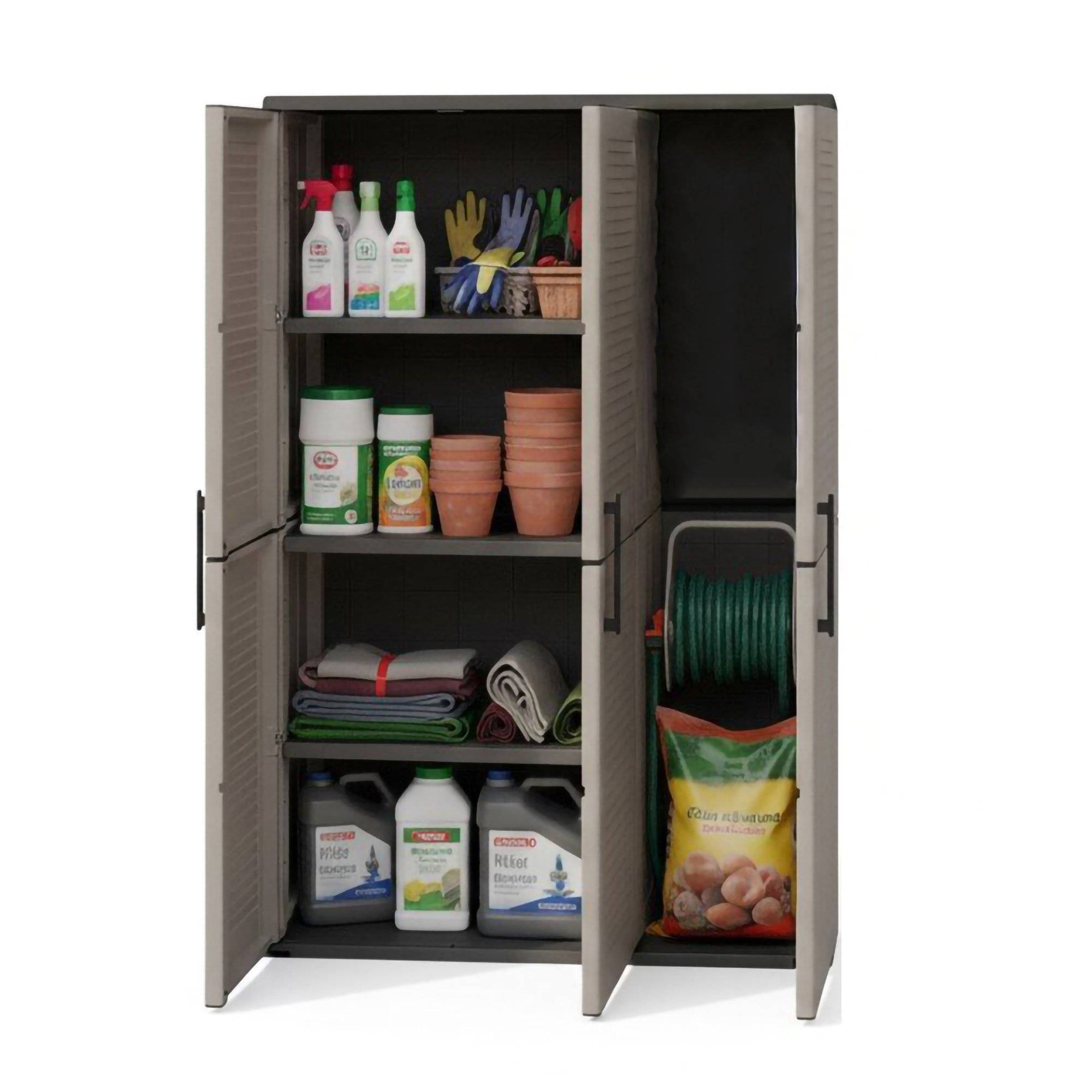 Dmora - Armoire d'extérieur Bilzen, Mobilier d'extérieur, Armoire de balcon polyvalente, 100% Made in Italy, Gris et Noir, Finition rayée, 102x37h163 cm - Imagen 1