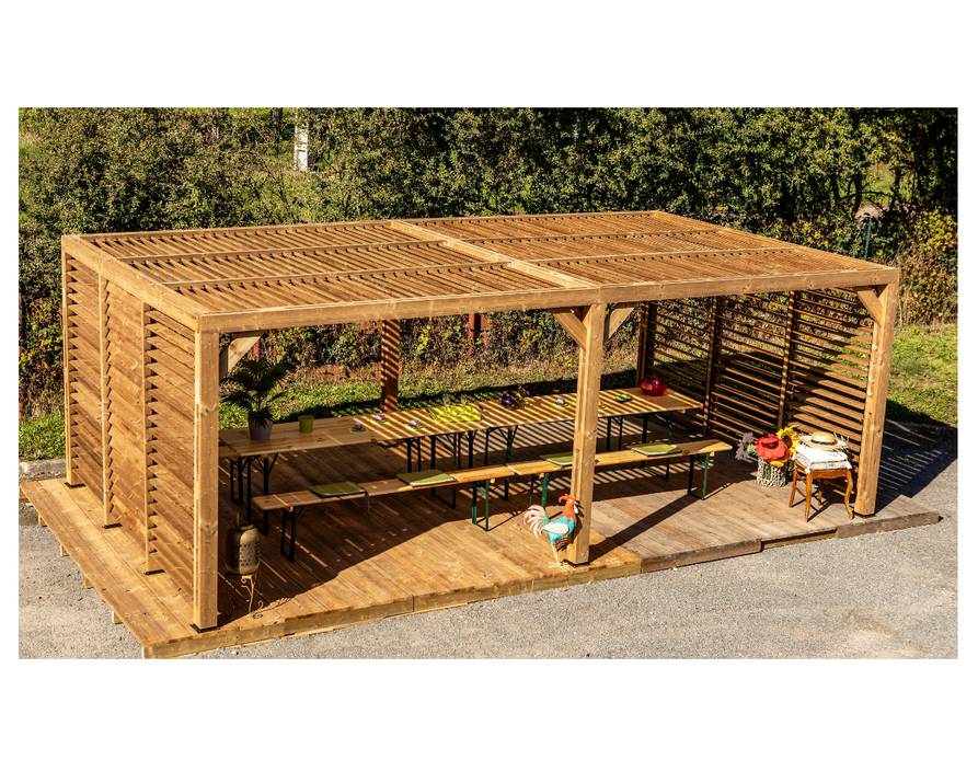 Habrita - Pergola grandes dimensions en bois - toit et 2 murs en ventelles mobiles - 341 x 614 cm Habrita - Imagen 3