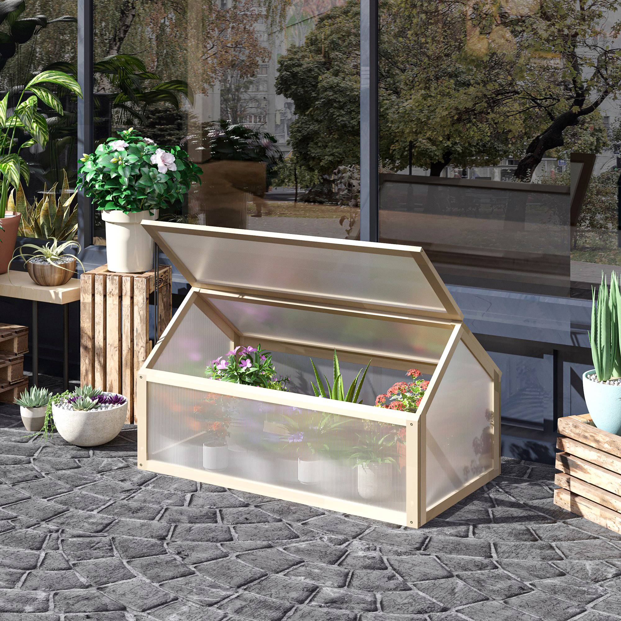 ComfortXL - Mini serre châssis bois pour semis croissance saine 90x52x49cm nature - ComfortXL Outdoor Living - Image 4