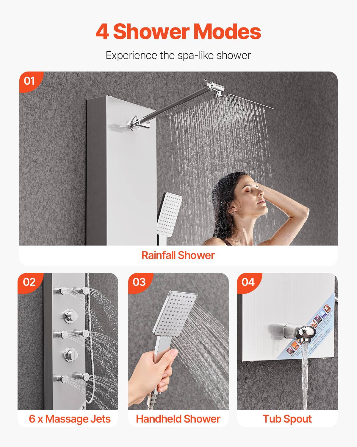 Vevor - VEVOR Colonne douche inox brossé 124cm pommeau pluie, robinet 4 fonctions, 6 jets + douchette. - Image 3