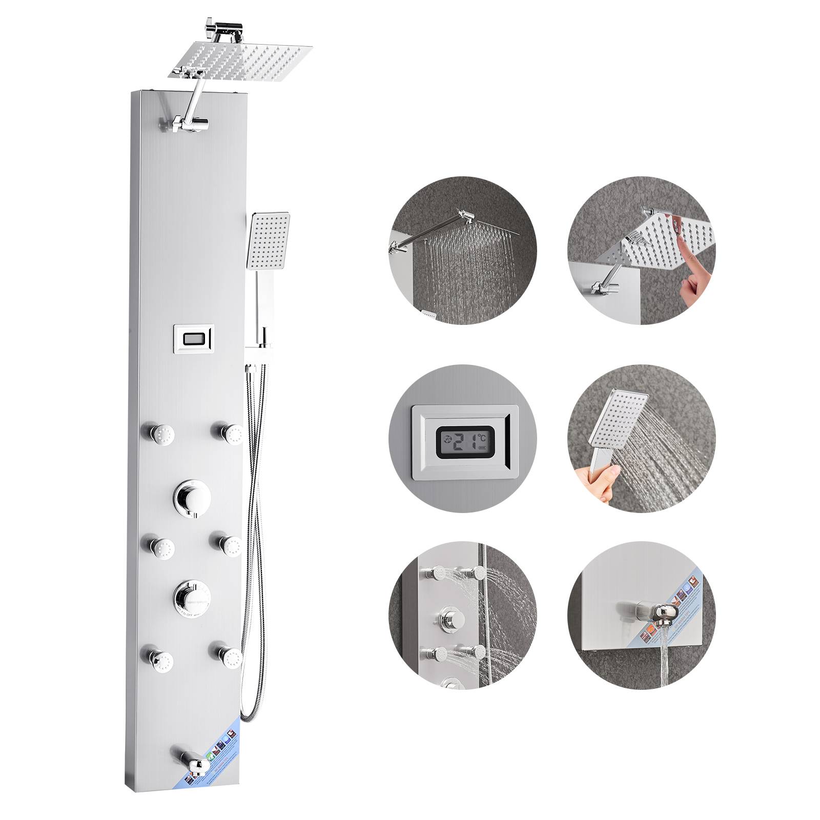 Vevor - VEVOR Colonne douche inox brossé 124cm pommeau pluie, robinet 4 fonctions, 6 jets + douchette. - Image 1