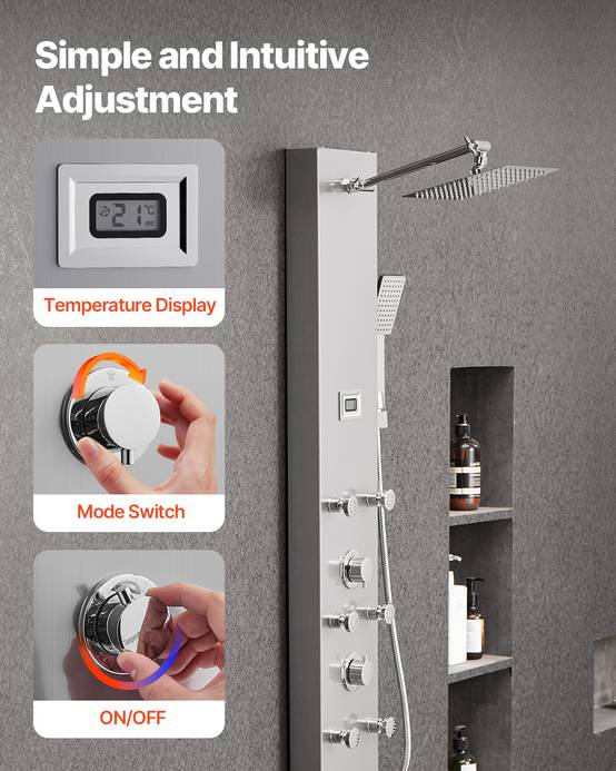 Vevor - VEVOR Colonne douche inox brossé 124cm pommeau pluie, robinet 4 fonctions, 6 jets + douchette. - Image 5