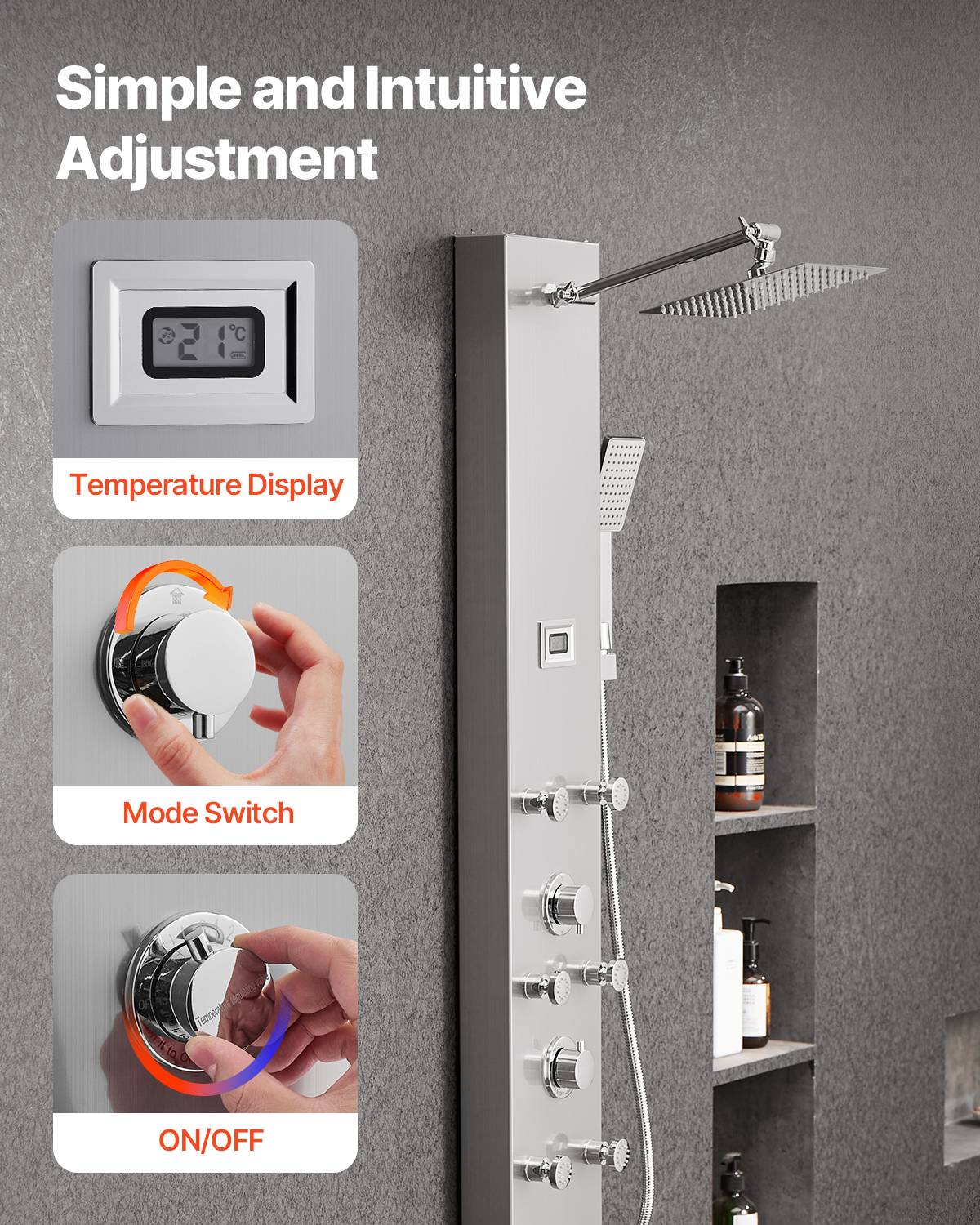 Vevor - VEVOR Colonne douche inox brossé 124cm pommeau pluie, robinet 4 fonctions, 6 jets + douchette. - Image 5