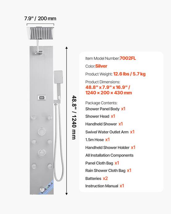Vevor - VEVOR Colonne douche inox brossé 124cm pommeau pluie, robinet 4 fonctions, 6 jets + douchette. - Image 7