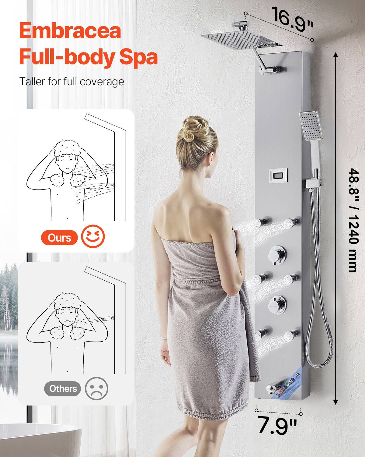 Vevor - VEVOR Colonne douche inox brossé 124cm pommeau pluie, robinet 4 fonctions, 6 jets + douchette. - Image 2