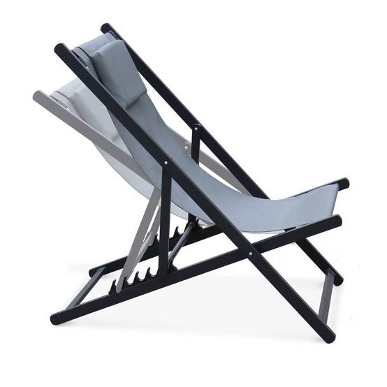 sweeek - Lot de 2 bains de soleil - Gaia gris - Transat en aluminium gris anthracite et textilene gris avec coussin repose tête. chilienne | sweeek - Image 3