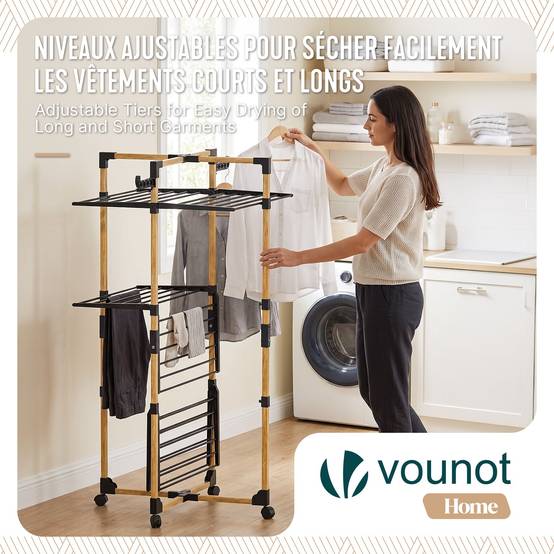 Vounot - Séchoir à linge tour pliable 99x69x135,5cm, Étendoir 3 niveaux grande capacité avec roulettes, 25m d’étendage, Noir, VOUNOT® - Image 4