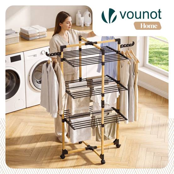 Vounot - Séchoir à linge tour pliable 99x69x135,5cm, Étendoir 3 niveaux grande capacité avec roulettes, 25m d’étendage, Noir, VOUNOT® - Image 2